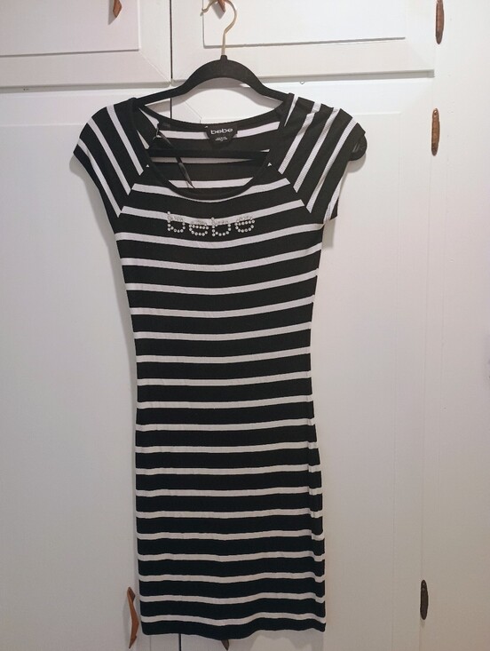 bebe Dresses & Skirts - bebe Black and White Striped Cap Sleeve Midi Dress with Rhinestone Logo